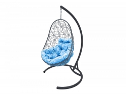 Подвесное кресло Кокон Овал ротанг каркас серый-подушка голубая