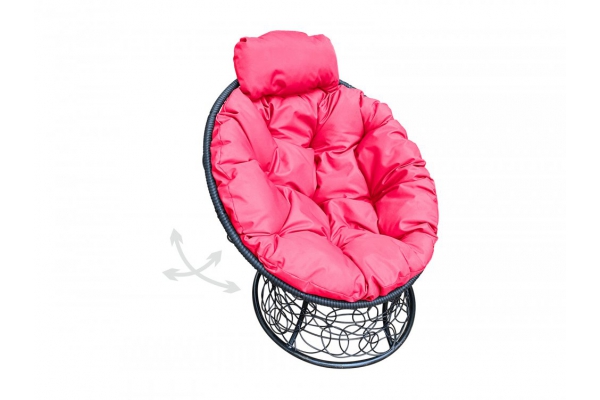 Кресло Папасан пружинка мини с ротангом каркас чёрный-подушка розовая