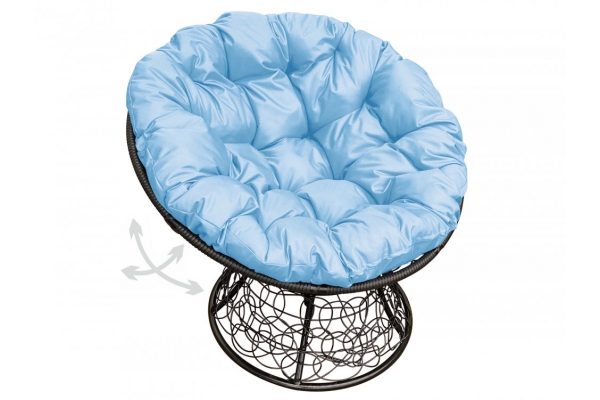 Кресло Папасан пружинка с ротангом каркас чёрный-подушка голубая